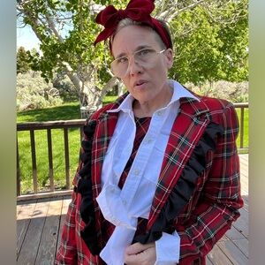 New! Punk Tartan Red Plaid “High Voltage” Blazer With Back Detail And Ruffle